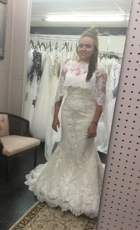 Wedding Dresses with Sequined Star Motifs and Sheer Sleeve and Ruffled Hem and Belt and Embroidered Floral Patterns for a Celestial and Flirty LookPronovias Princia Wedding Dresses with Sequined Star Motifs and Sheer Sleeve and Ruffled Hem and Belt and Embroidered Floral Patterns for a Celestial and Flirty LookPronovias Princia