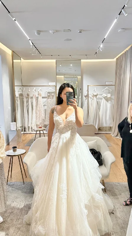 Wedding Dresses with Metallic Sequined Bodice and Chiffon Skirt and Sheer Back and Belt for a Glamorous and Sexy LookPronovias Thalia Wedding Dresses with Metallic Sequined Bodice and Chiffon Skirt and Sheer Back and Belt for a Glamorous and Sexy LookPronovias Thalia