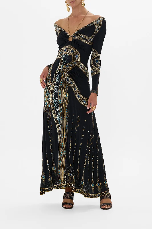 Retro - Style Bubble - Sleeve Maxi DressesRUCHED JERSEY DRESS WITH HARDWARE AND CHAIN CALL ME CLEOPATRA