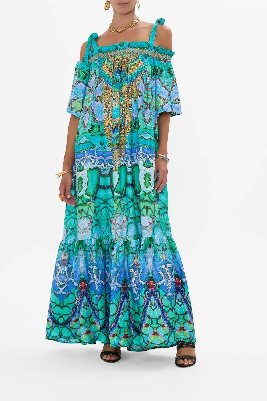 Maxi Dresses for Travel Photography in Scenic LocationsLONG OFF SHOULDER FRILL DRESS WITH STRAPS LAND OF WONDER