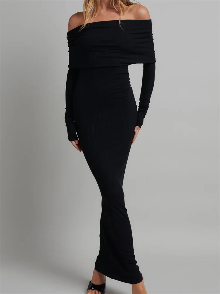 Maxi Dresses for Spring Outings in the CountrysideAmy Fashion - Women Slash Neck Off Shoulder Party Formal  Spring Autumn  Sleeve Slim Solid Female Vestidos