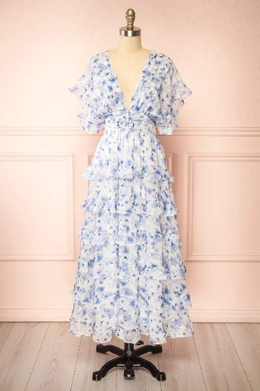 Short - Sleeved Shirt - Style Maxi Dresses for a Casual LookAveline Blue | Floral Maxi Dress w/ Ruffles