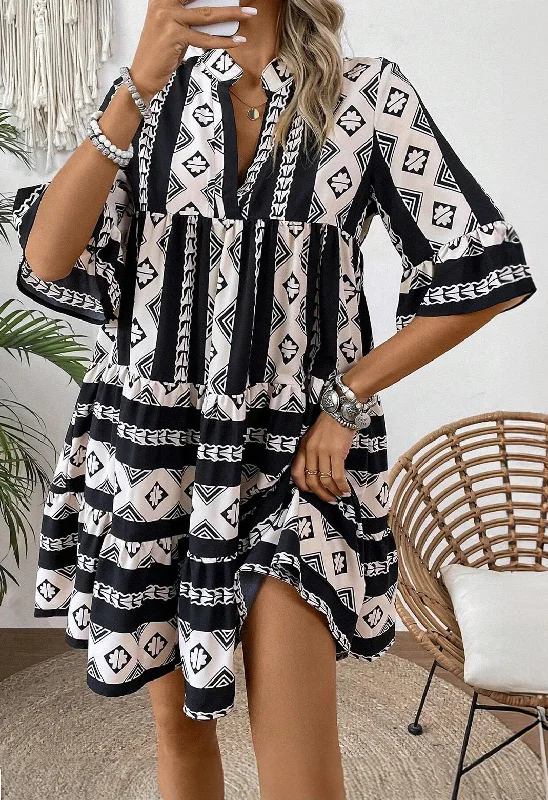 Soft Coral - Fleece Maxi Dresses for a Cozy FeelGeometric V-Neck Ruffle Dress