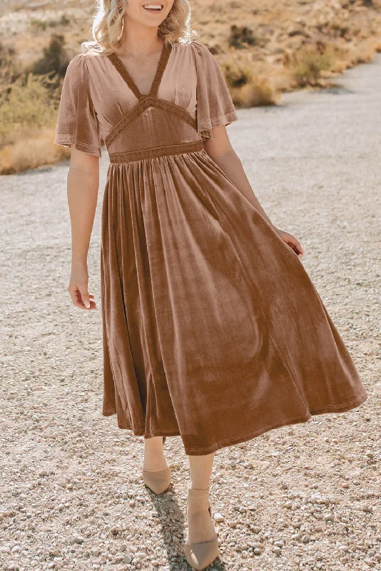 Maxi Dresses for Engagement PartiesChestnut Velvet Lacy V Neckline Short Sleeve Empire Waist Flowy Maxi Dress