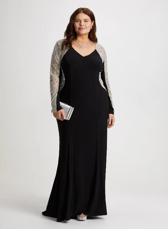 Maxi Dresses with Romantic Bows for a Feminine TouchCrystal Beaded Long Sleeve Dress