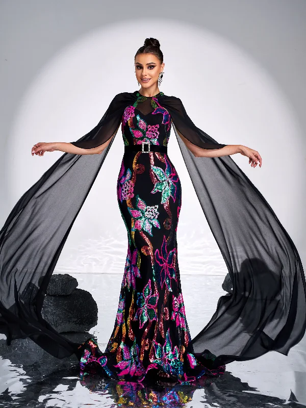 Mermaid - Hem Maxi Dresses for a Glamorous LookElegant Round Neck Floral Sequin Mermaid Evening Dress DH80213
