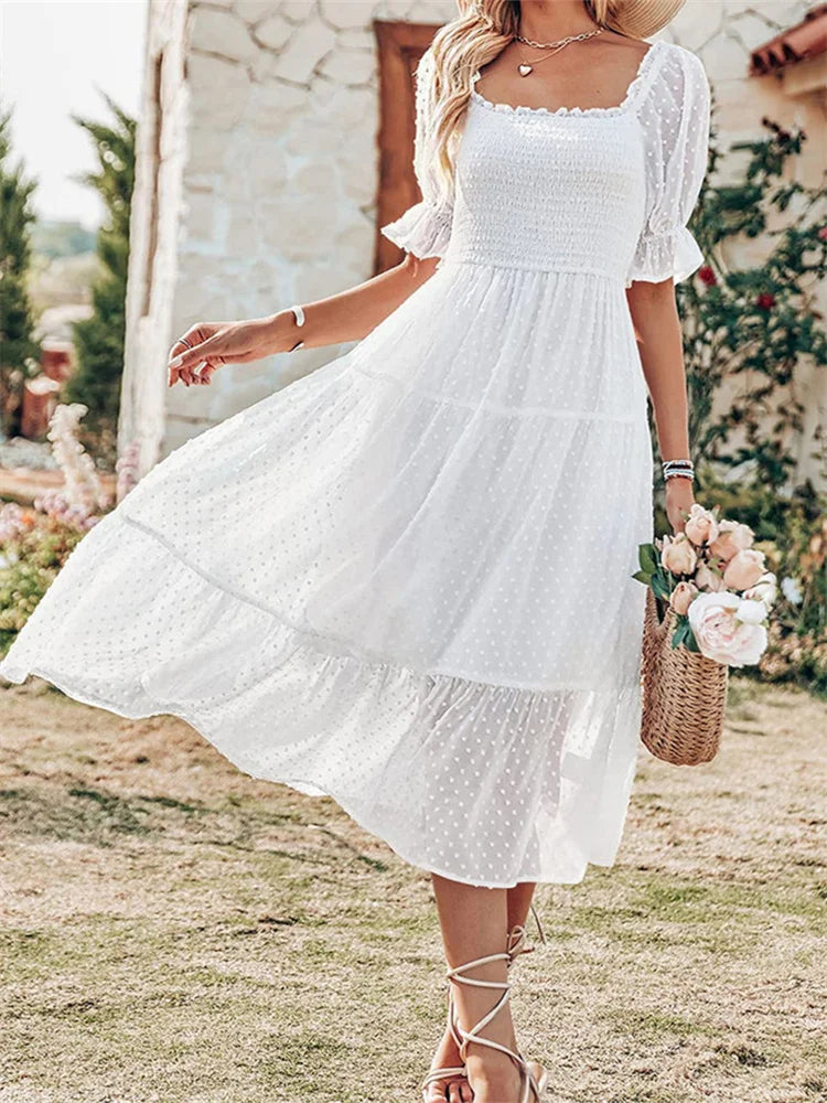 High - Waisted Maxi Dresses to Create Long Leg LinesAmy Fashion - Elegant Women Chiffon Summer  Mesh Short Puff Sleeve Square Neck Dot Pattern Stretch Ruched Beachwear