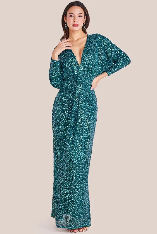 Sturdy Canvas Maxi Dresses for Outdoor AdventuresGoddiva Plunge V-Neck Sequin Maxi - Emerald Green