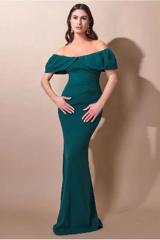 Maxi Dresses for Bridal ShowersGoddiva Scuba Crepe Pleated Bardot Maxi - Emerald Green