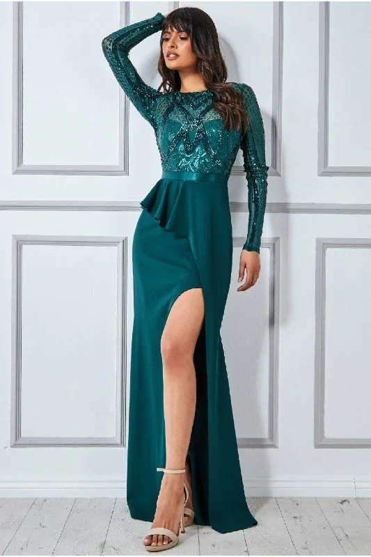 Fluffy Fleece Maxi Dresses for Warmth in WinterGoddiva Sequin Bodice With Front Frill Maxi - Emerald