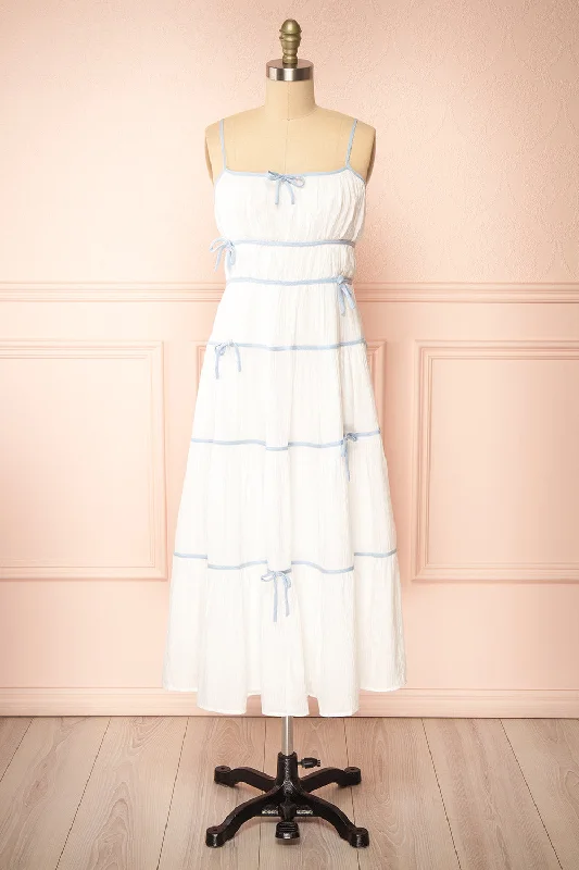 Maxi Dresses with Cross - Over Necklines for a Stylish LookJuliriel | White Midi Dress w/ Blue Ribbons