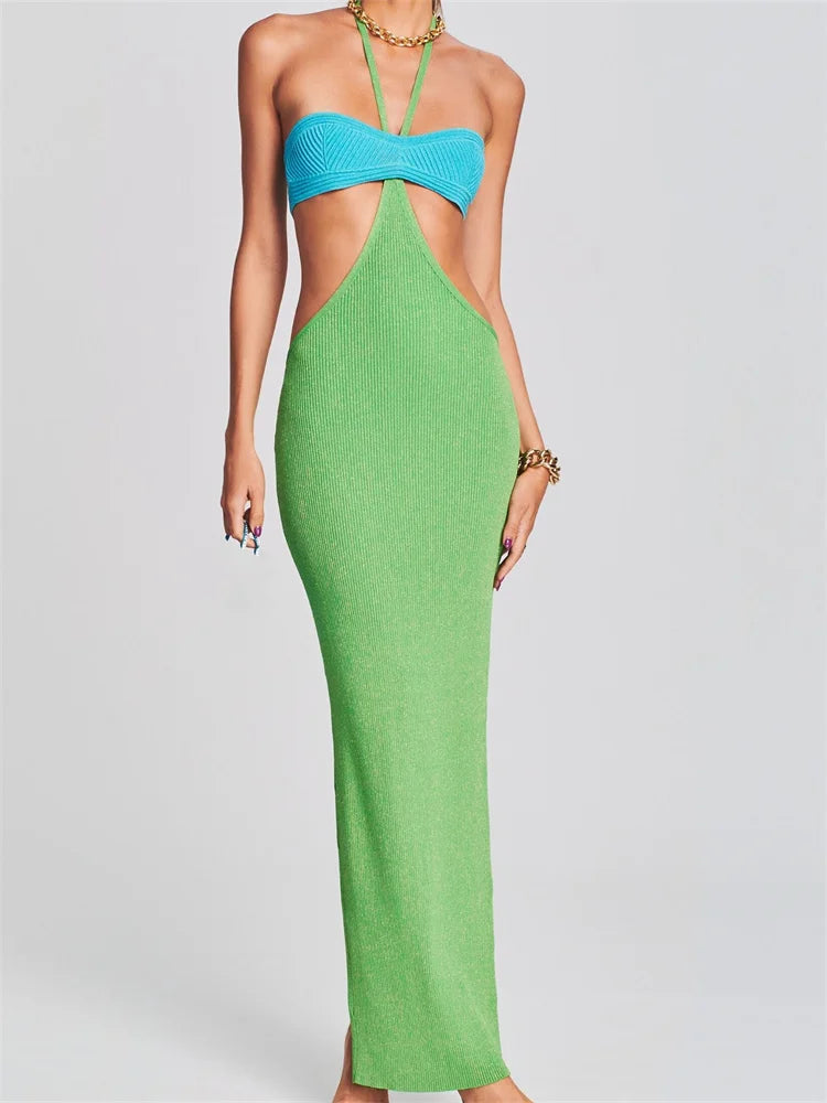 Off - the - Shoulder Maxi Dresses for Evening PartiesAmy Fashion - Knitted Patchwork  for Women  Halter Lace-up Backless Off Shoulder Hollow Out Summer Vestidos New