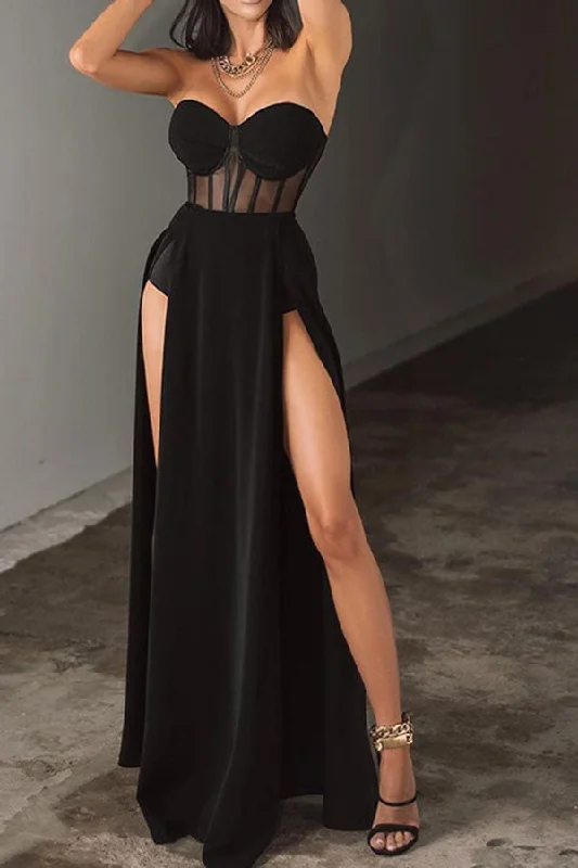 Maxi Dresses for Family Gatherings During HolidaysMesh Patchwork Rocking High Split Maxi Dress