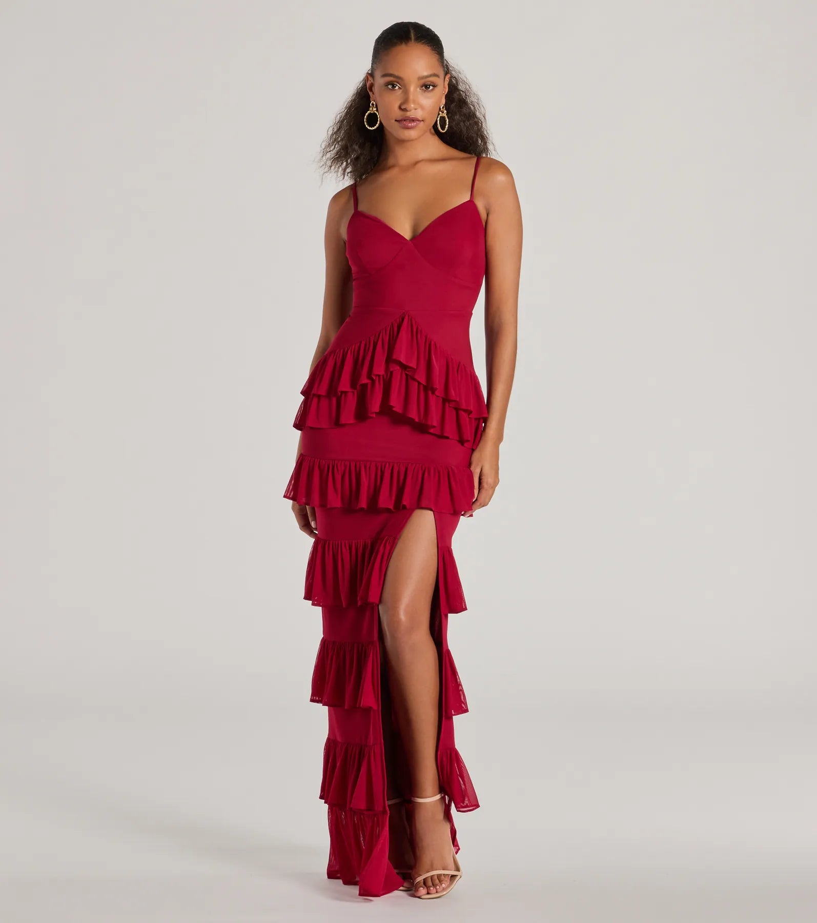Maxi Dresses with Ruffled Trim for a Sweet and Girly LookMonica V-Neck Lace-Up Ruffle Slim Formal Dress