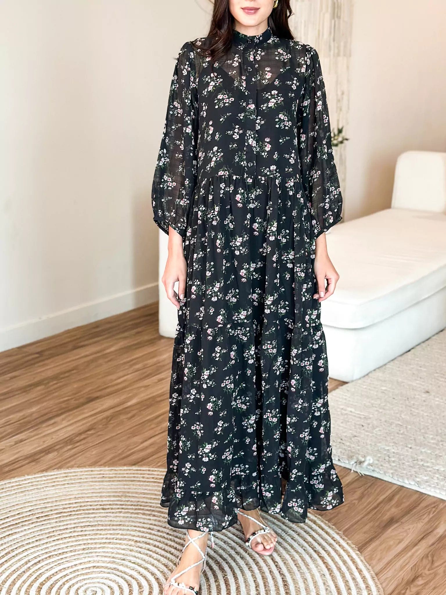 Maxi Dresses for Company Annual MeetingsPansy Black Floral Long Dress