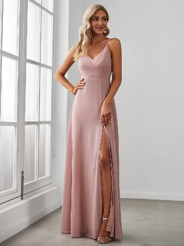 Maxi Dresses for Engagement PartiesPleated V-Neck Spaghetti Strap High Slit Bridesmaid Dress