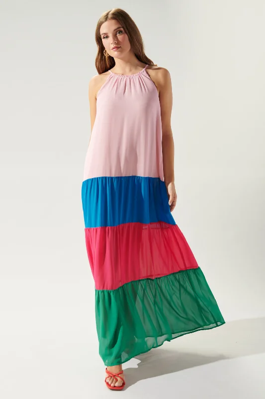 Japanese - Inspired Minimalist Maxi DressesRainbow Rays Colorblock Maxi Dress