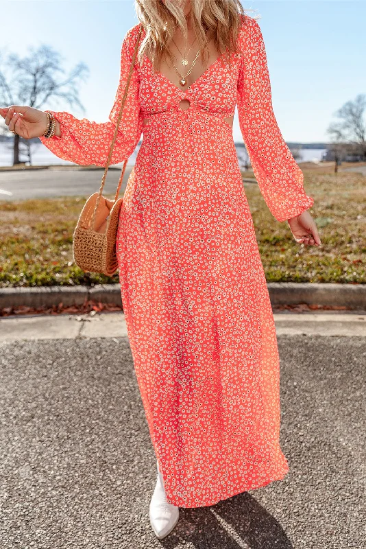 Comfortable Cotton - Linen Maxi Dresses for Everyday WearFloral Puff Sleeve V-Neck Dress