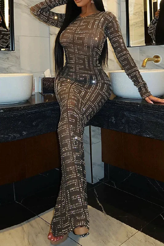 Long - Sleeved Maxi Dresses for Autumn and WinterRhinestone Striking Split Back See-Through Maxi Dress