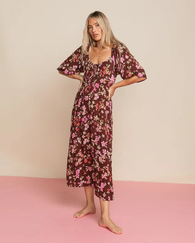 Maxi Dresses with Ruffled Trim for a Sweet and Girly LookRosey Skies Midi Dress - Choc Chip