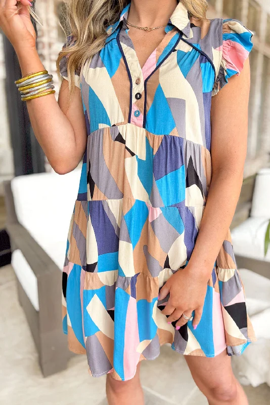 Royal Purple Maxi Dresses for a Regal AppearanceGeometric Ruffle Cap Sleeve Dress