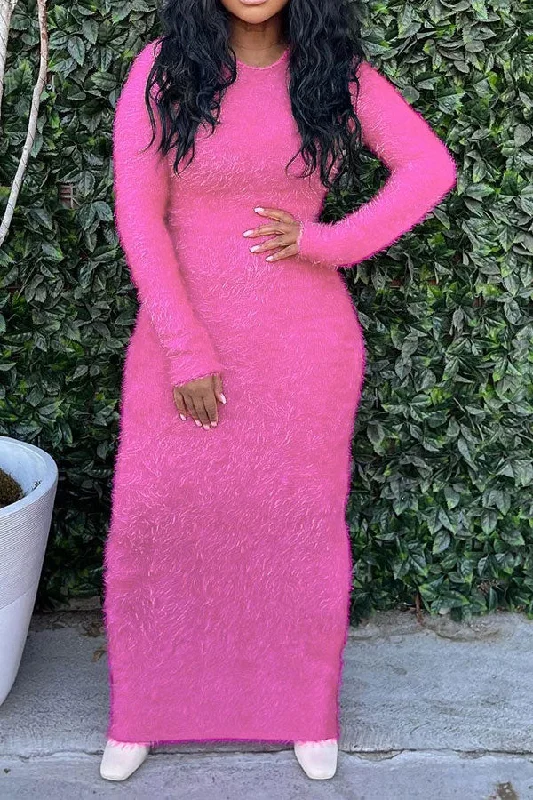 High - Neck Maxi Dresses for a Modest LookSolid Color Fluffy Maxi Dress
