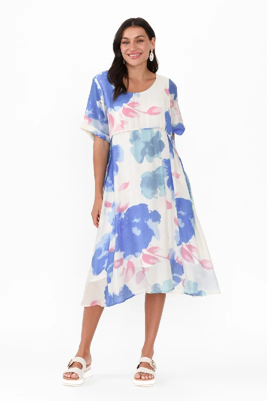 Retro - Style Bubble - Sleeve Maxi DressesSora Blue Floral Crescent Dress