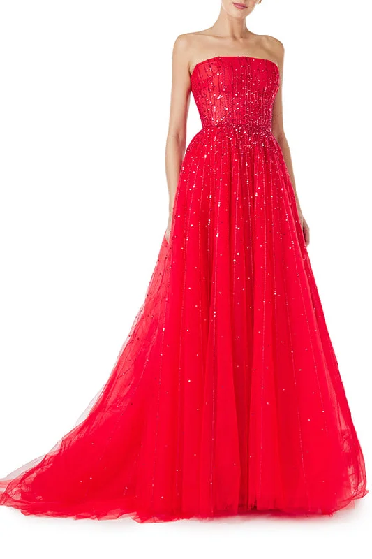 Long - Line Maxi Dresses with a Cape - Like DesignStrapless Embroidered Tulle Gown