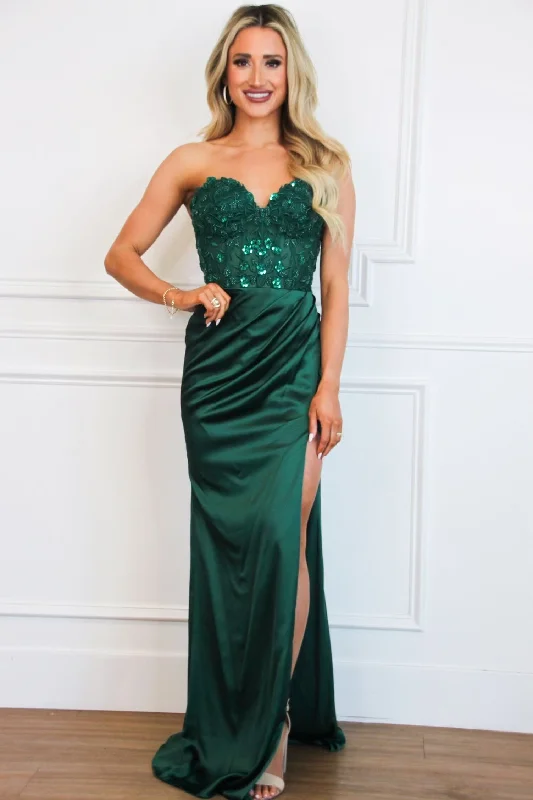 Floral - Patterned Maxi Dresses for a Sweet LookSutton Satin Lace Bustier Slit Formal Dress: Emerald