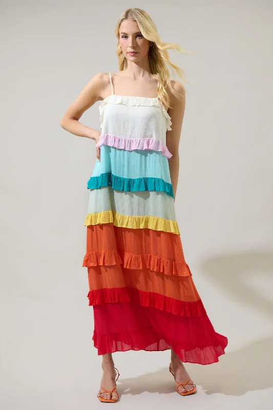 Maxi Dresses with Strap - Tie Details for a Personalized FitTaste the Rainbow Sleeveless Ruffle Maxi Dress