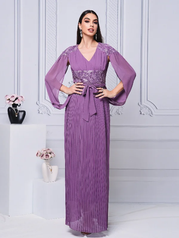 Floral - Patterned Maxi Dresses for a Sweet LookV-neck Panel Embodied Fold A-line Dress MES00445