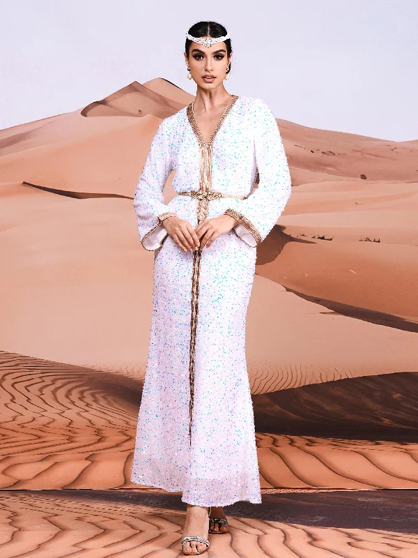 Delicate Pink Maxi Dresses for a Gentle LookV-neck White Sequin Muslim Dress MES00395