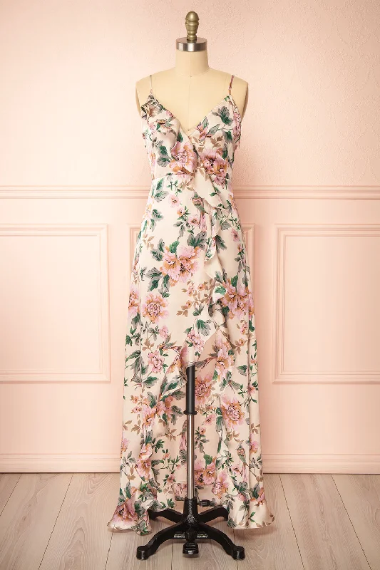 Maxi Dresses for College Graduation PhotoshootsVeleda Taupe | Floral Maxi Dress with Ruffles