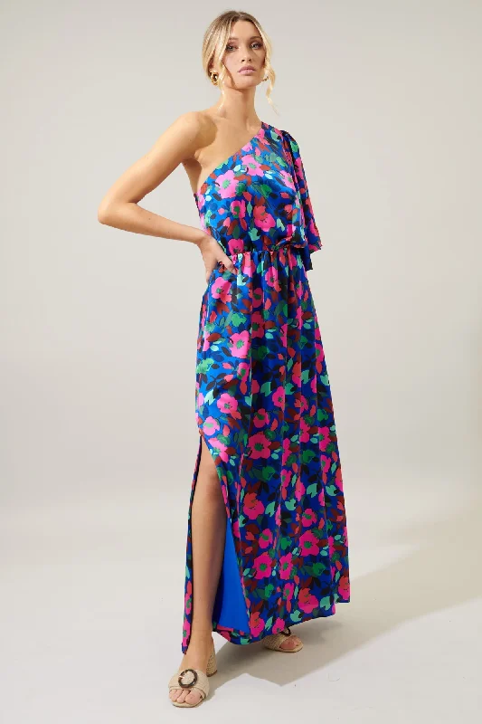 Maxi Dresses for High School Graduation CeremoniesVivi Berry Floral Meara One Shoulder Satin Maxi Dress