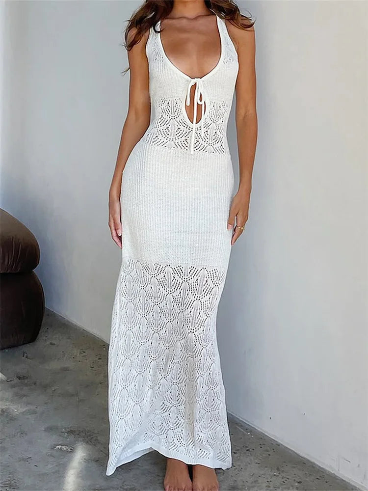 Maxi Dresses with Double - Layered Skirts for a Flowing EffectAmy Fashion - Women Crochet Knitted Hollow Out Backless  Spaghetti Strap Halter Lace-up  Beachwear Female Vestidos