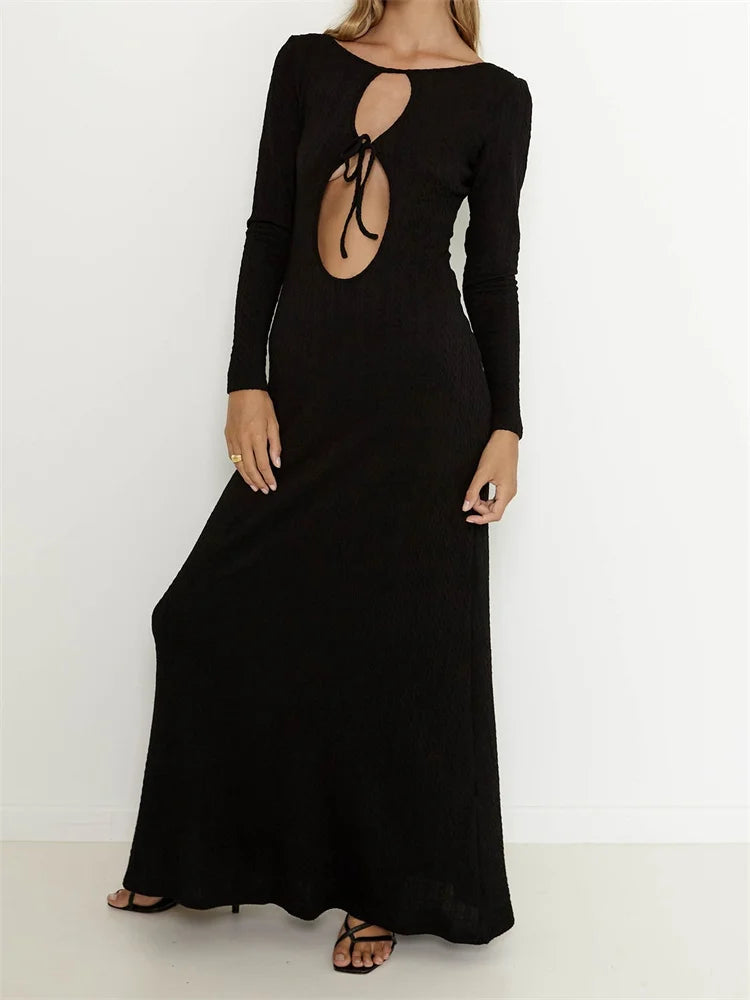 Maxi Dresses with Ethnic Embroidery for Cultural EventsAmy Fashion - Women Vintage  Elegant  Sleeve Front Cutout Tie-up Solid Color Solid Color Party Autumn Vestidos