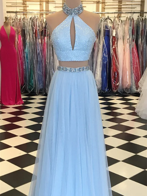 Vintage Inspired Party Dresses for Ladies' Retro Themed Gatherings2 Pieces A-line Light Blue Sequin Beaded Prom Dresses, Cheap Prom Dresses Vintage Inspired Party Dresses for Ladies' Retro Themed Gatherings2 Pieces A-line Light Blue Sequin Beaded Prom Dresses, Cheap Prom Dresses