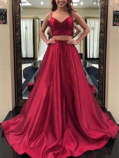 Striped Party Dresses with Button Front for Ladies' Classic and Timeless Look2 Pieces Long A-line Red Satin Simple Design Prom Dresses