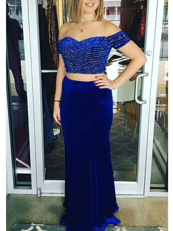 Party Dresses with High Low Sheer Skirt and Embroidered Birds for Ladies' Nature Inspired and Dramatic Look2 Pieces Royal Blue Beaded Velvet Prom Dresses Party Dresses with High Low Sheer Skirt and Embroidered Birds for Ladies' Nature Inspired and Dramatic Look2 Pieces Royal Blue Beaded Velvet Prom Dresses