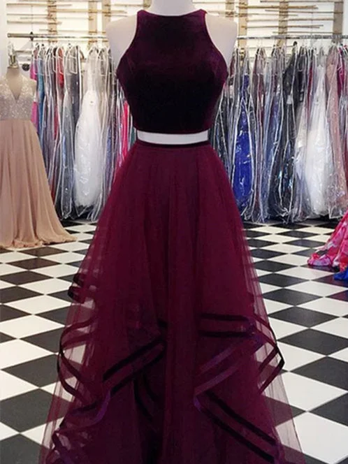 Tube Party Dresses with Sequined Belt for Ladies' Simple and Chic Style2 Pieces Velvet Top A-line Tulle Skirt Long Prom Dresses