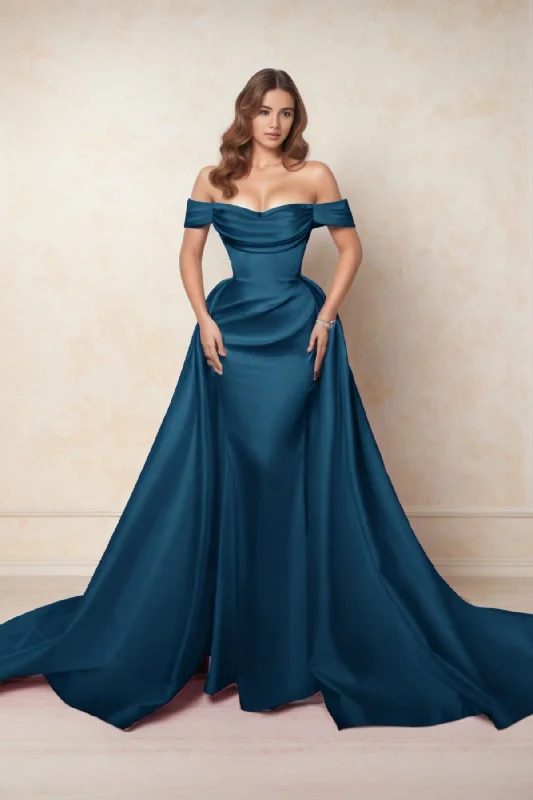 Party Dresses with Ruffled Sleeves and High Neck for Ladies' Dramatic and Elegant LookA-Line Chapel Train Satin Prom Dress CS0416 Party Dresses with Ruffled Sleeves and High Neck for Ladies' Dramatic and Elegant LookA-Line Chapel Train Satin Prom Dress CS0416