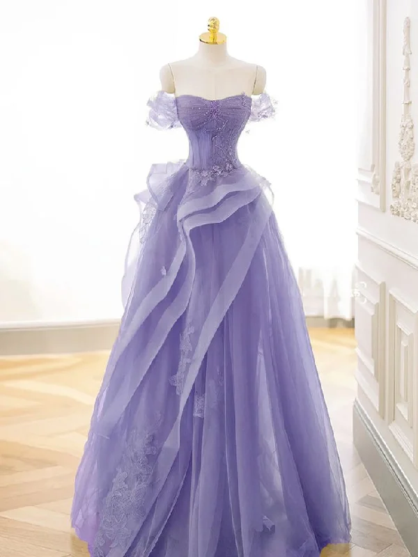 Party Dresses with Sequined Star Motifs and Sheer Sleeve for Ladies' Celestial and Elegant LookA-Line Off Shoulder Tulle Lace Purple Long Prom Dress, Purple Lace Long Formal Dress cg25024 Party Dresses with Sequined Star Motifs and Sheer Sleeve for Ladies' Celestial and Elegant LookA-Line Off Shoulder Tulle Lace Purple Long Prom Dress, Purple Lace Long Formal Dress cg25024