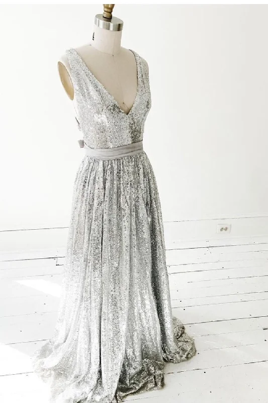 Strapless Party Dresses with Beaded Bodice for Ladies' Special OccasionsA-line Silver Sequin Prom Dresses with V-neckline Strapless Party Dresses with Beaded Bodice for Ladies' Special OccasionsA-line Silver Sequin Prom Dresses with V-neckline