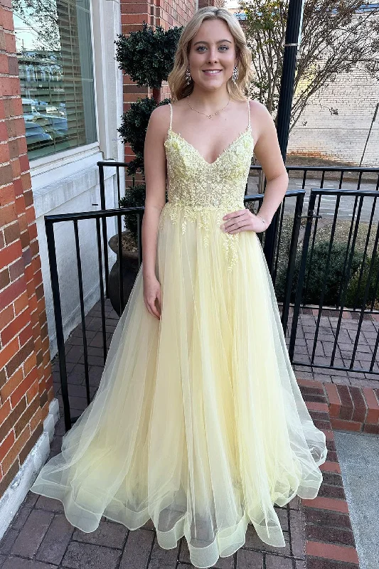 Party Dresses with Embroidered Floral Patterns and Tassel Hem for Ladies' Bohemian and Feminine LookA-Line Tulle Spaghetti Straps Yellow Prom Dress with Appliques Party Dresses with Embroidered Floral Patterns and Tassel Hem for Ladies' Bohemian and Feminine LookA-Line Tulle Spaghetti Straps Yellow Prom Dress with Appliques