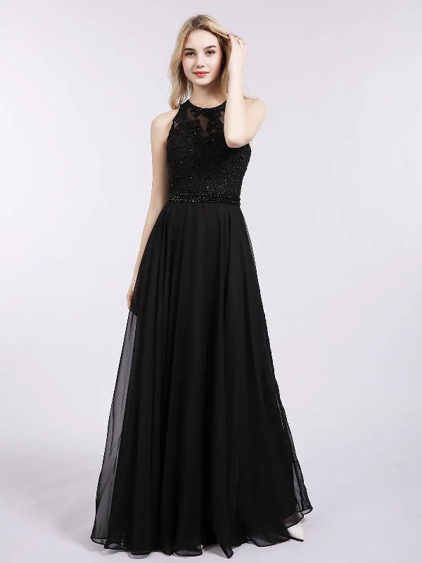 Lace Trimmed Party Dresses with Bow Back for Ladies' Dainty and Feminine LookOpen Back Chiffon Beaded Waistband Dress-Black