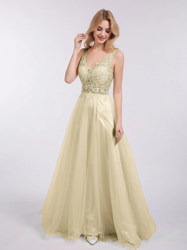 Tulle Party Dresses with Beaded Waistband for Ladies' Defined Waist and Graceful LookLong Tulle See Through Bodice Dress-Champagne Tulle Party Dresses with Beaded Waistband for Ladies' Defined Waist and Graceful LookLong Tulle See Through Bodice Dress-Champagne