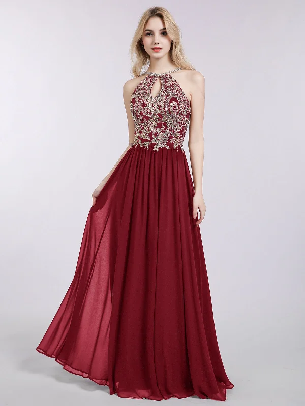 Party Dresses with Pleated Tulle Skirt and Sequined Geometric Shapes for Ladies' Princess and Modern LookHalter Chiffon with Gold Appliqued Dress-Burgundy Party Dresses with Pleated Tulle Skirt and Sequined Geometric Shapes for Ladies' Princess and Modern LookHalter Chiffon with Gold Appliqued Dress-Burgundy