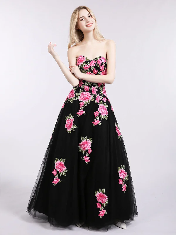 Party Dresses with Ruffled Sleeves and High Neck for Ladies' Dramatic and Elegant LookStrapless Floral Tulle Formal Dress-Black Party Dresses with Ruffled Sleeves and High Neck for Ladies' Dramatic and Elegant LookStrapless Floral Tulle Formal Dress-Black