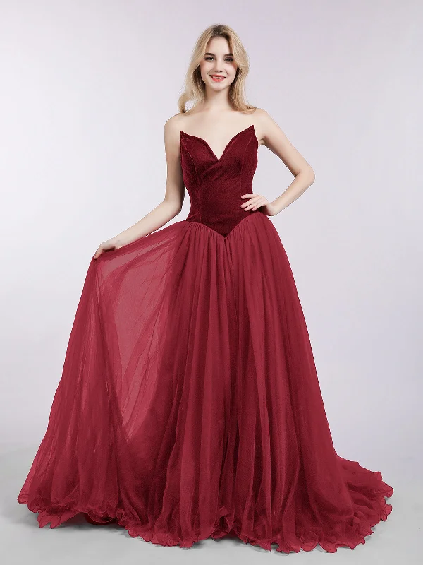 Elegant Long Sleeve Lace Party Dresses for Ladies' Formal EventsSweetheart Neck Tulle Dress with Train-Burgundy Elegant Long Sleeve Lace Party Dresses for Ladies' Formal EventsSweetheart Neck Tulle Dress with Train-Burgundy