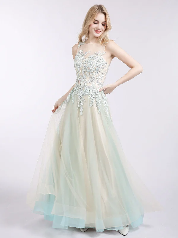 Embroidered Party Dresses with Metallic Thread for Ladies' Cultural FestivalsIllusion Neck Two Colors Tulle Dress-Champagne Embroidered Party Dresses with Metallic Thread for Ladies' Cultural FestivalsIllusion Neck Two Colors Tulle Dress-Champagne